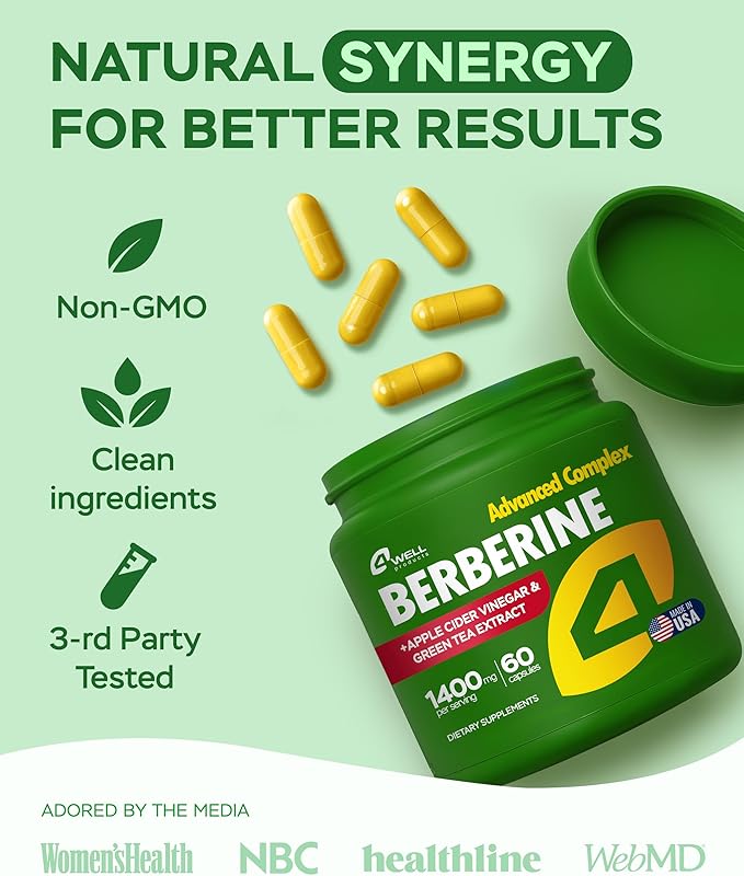 Berberine HCL Supplement - Triple Strength GLP-1 Activator with Apple Cider Vinegar & Green Tea Extract - Body Composition Support, Digestive Health, Support Heart Health, Immune System (60 Capsules)