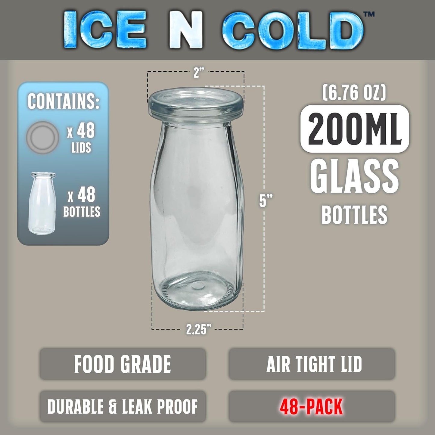 6.76 oz / 200ml Vintage Glass Bottle with Leakproof Clear Lid, Reusable & Eco-Friendly – Ideal for Milk, Juices, Smoothies, Infused Water, BPA-Free Glass Bottle (48-Pack)