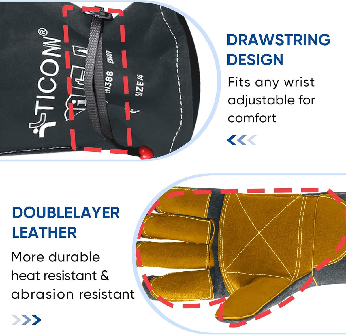TICONN Welding Gloves, 1000°F Heat-Resistant Fireproof Leather Gloves for Welders, Stick, Forge, Mig, Tig, BBQ, Baking, Oven
