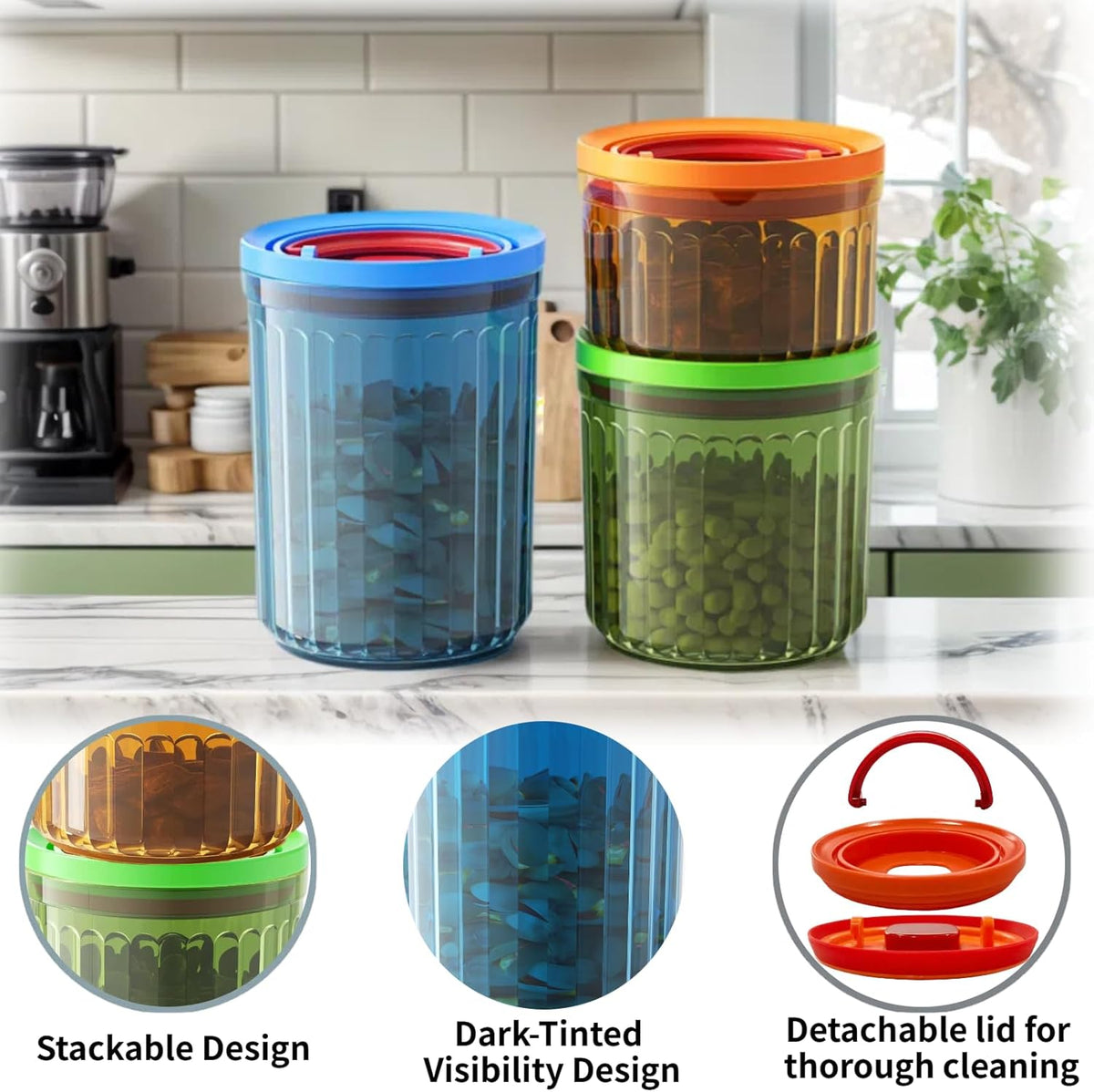 Plastic Small Airtight Container Set Food Storage Containers with Lids BPA Free Coffee Canisters for Beans Sugar Spice Snack Stackable Dishwasher Safe patented Pull Snap Lock Sealed Design 10/17/24oz
