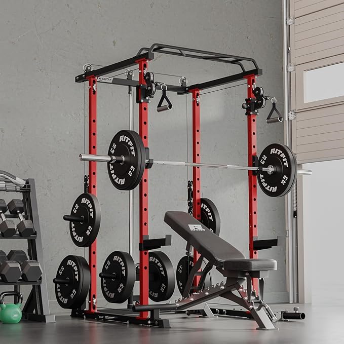 RitFit Power Cage with Optional LAT PullDown/Cable Crossover, 1000LB Squat Rack for Home & Garage Gym, with Weight Storage Rack and More Training Attachments, ASTM-Certified