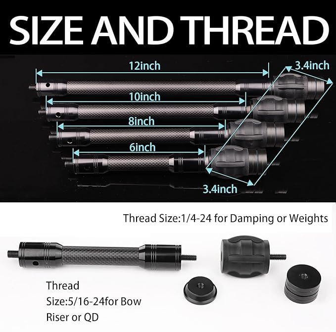 Archery Bow Stabilizer for Compound Bow, Carbon Fiber Bow Balance Bar, Damping System and Weights Kit, 6/8/10/12/in
