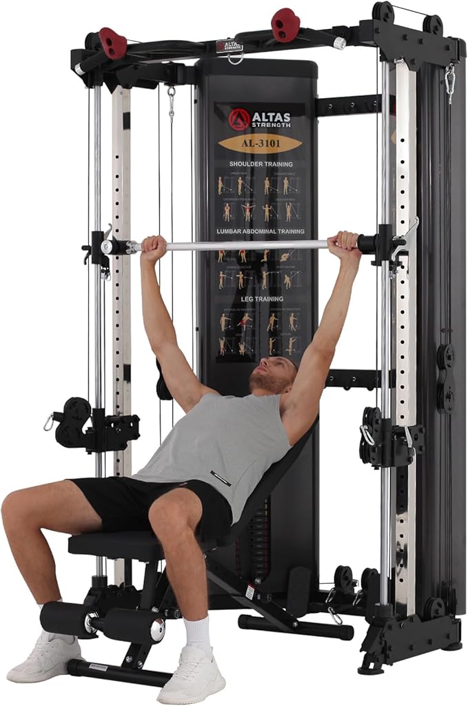 Altas Strength Folding Home Gym Smith Machine with Pulley System Gym Squat Rack Weight Bar Upper Body Strength Training Leg Developer Commercial Fitness Equipment Included Accessories 3101