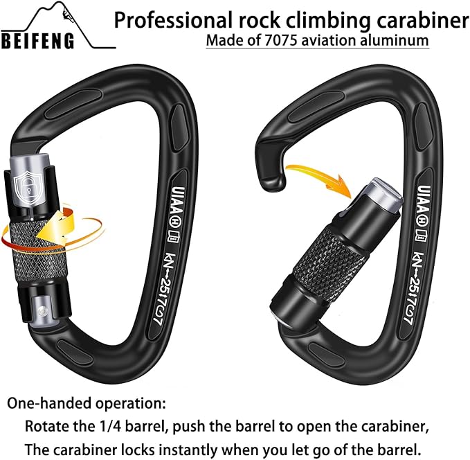 BEIFENG 25KN Auto Locking Carabiner - UIAA Certified Heavy Duty Climbing Carabiners for Rock Climbing, Camping, Rappelling, Hunting, Rescue Equipment - Professional Carabiner Clips (Black)