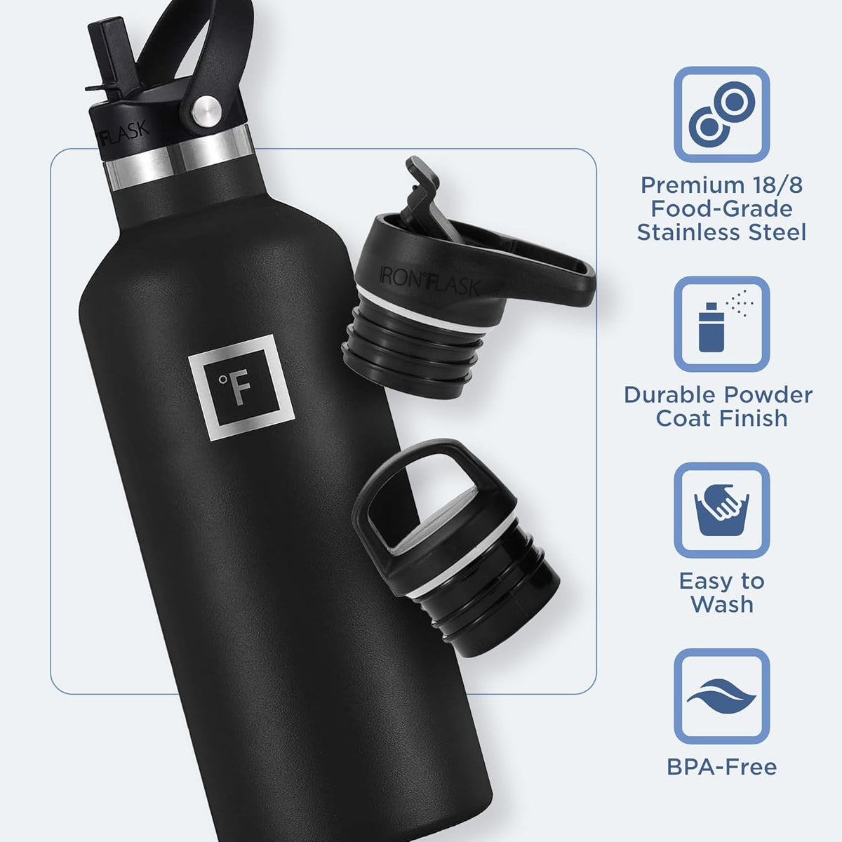IRON °FLASK Camping & Hiking Hydration Canteens - 3 Lids (Narrow Straw Lid) Leak Proof Vacuum Insulated Stainless Steel - Hot & Cold Double Walled Sports Water Bottle - Elemental Gray, 32 Oz