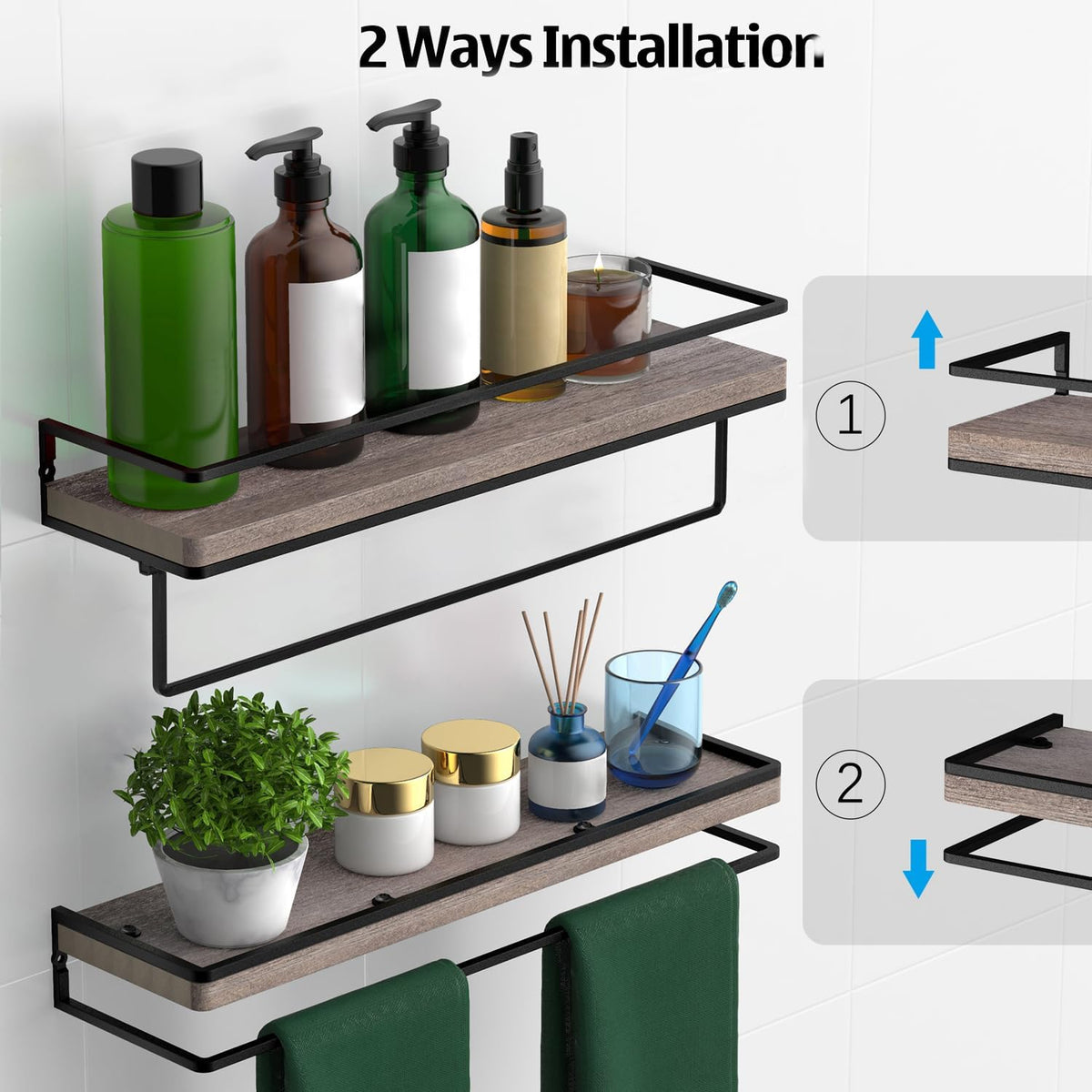 Meangood Floating Shelves Wall Mounted, Wall Shelf with Towel Bar Rustic Wood Wall Storage Shelves for Bedroom,Living Room,Bathroom, Kitchen (Set of 2/Brown)