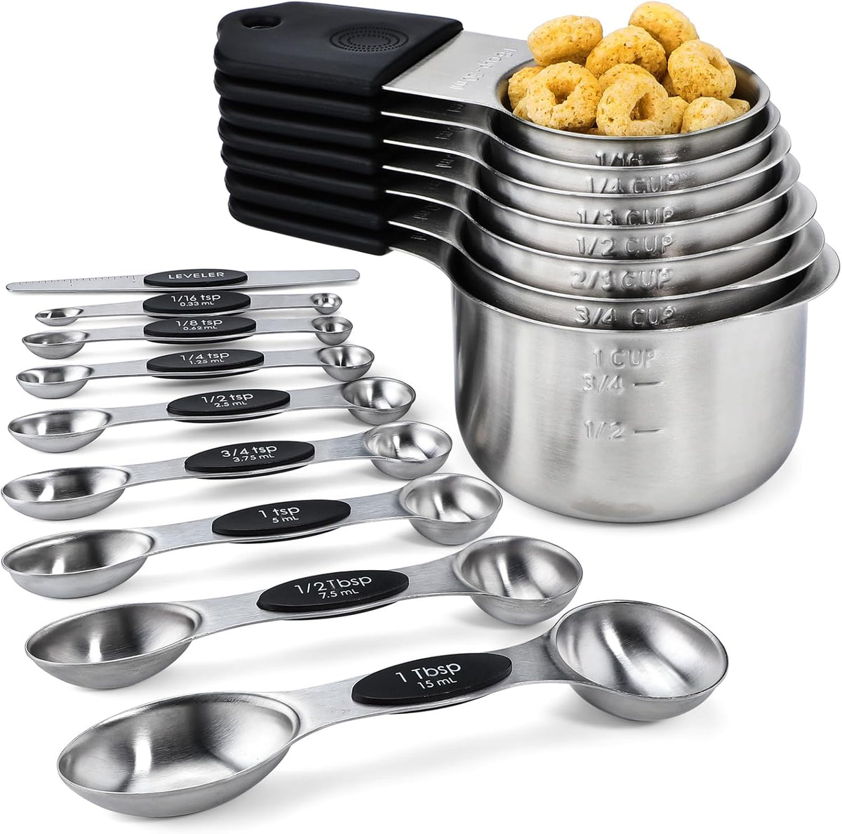Magnetic Measuring Cups and Spoons Set Including 7 Stainless Steel Measuring Cups 8 Double Sided Magnetic Measuring Spoons Set with 1 Leveler Kitchen Tools for Cooking Baking (Black)