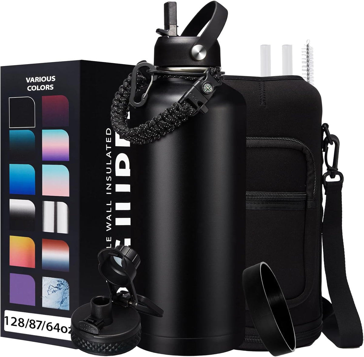 87oz 128oz Insulated Water Bottles - Keep Cold-48h Hot-24h Gallon Water Bottle with Straw, Vacuum Stainless Steel Water Flask Leak Proof, Metal Large Water Jug with Carrier Sleeve, Paracord Handle