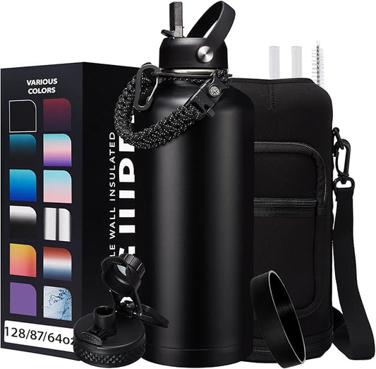 87oz 128oz Insulated Water Bottles - Keep Cold-48h Hot-24h Gallon Water Bottle with Straw, Vacuum Stainless Steel Water Flask Leak Proof, Metal Large Water Jug with Carrier Sleeve, Paracord Handle