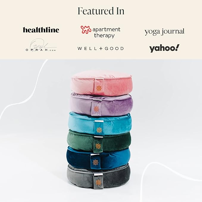 Mindful & Modern Velvet Meditation Cushion | Luxe Zafu Yoga Floor Pillow Seat | Posture Support | Buckwheat Hull Filled | Large Round Cushion with Removable Washable Cover + Carry Handle | Color Teal