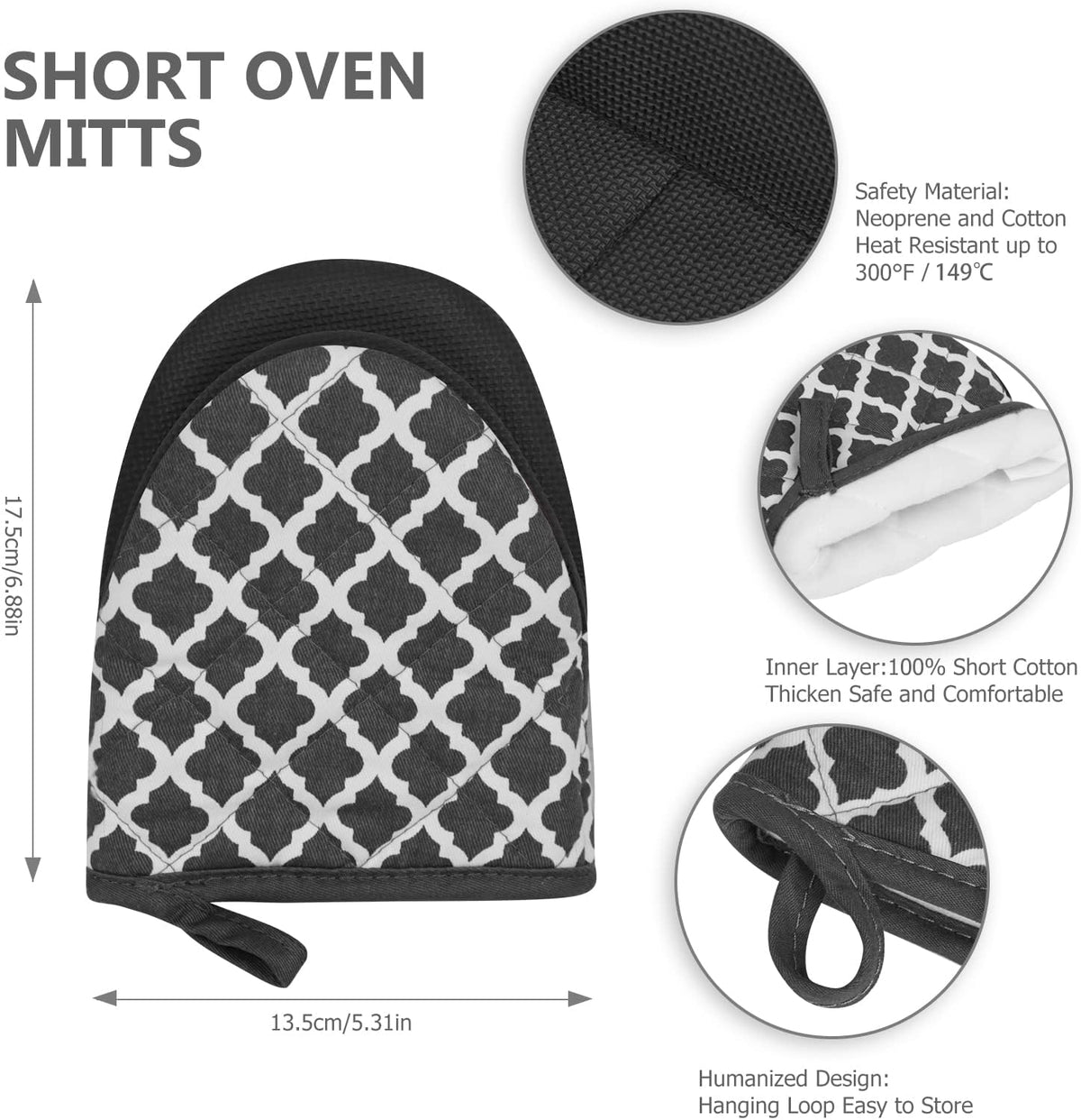 Qulable 1 Pair Short Oven Mitts - Silicone Kitchen Oven Gloves High Heat Resistant 500℉, Mini Oven Mits with Non-Slip Grip Surfaces and Hanging Loop for BBQ, Baking, Cooking and Grilling (Dark Gray)