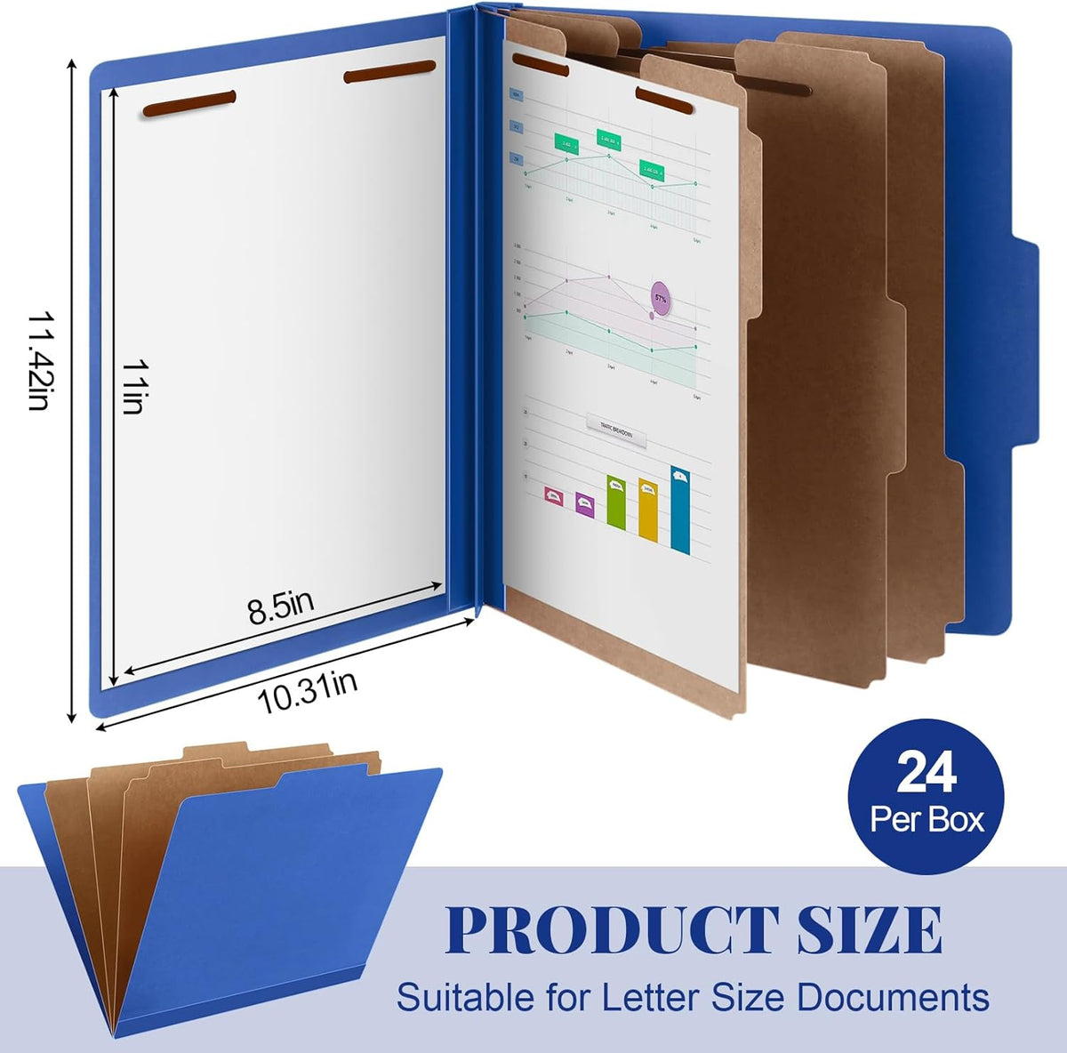 24 Pcs Classification Folders Letter Size, Back to School Supply for Teacher, Student, 3 Dividers Pressboard File Folder Bulk with 2 Fasteners, 3.5 Inch Expanding File Organizer (Dark Blue)