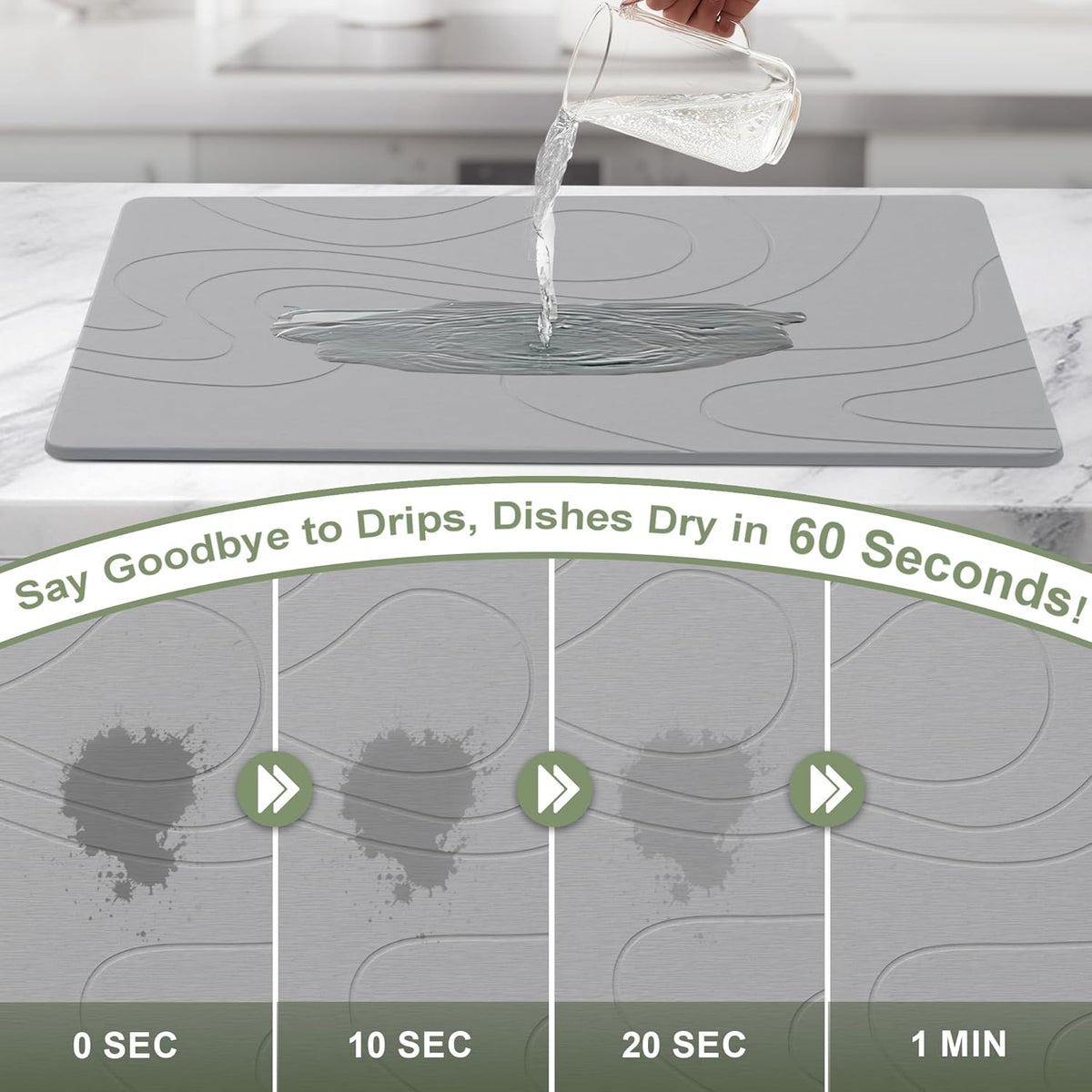 Large Stone Drying Mat for Kitchen Counter, 24" × 16" Diatomite Dish Drying Mat, Quick Dry Stone Mats, Ultra Absorbent Natural Diatomaceous Earth Mats for Dished, Bottles, Dark Grey