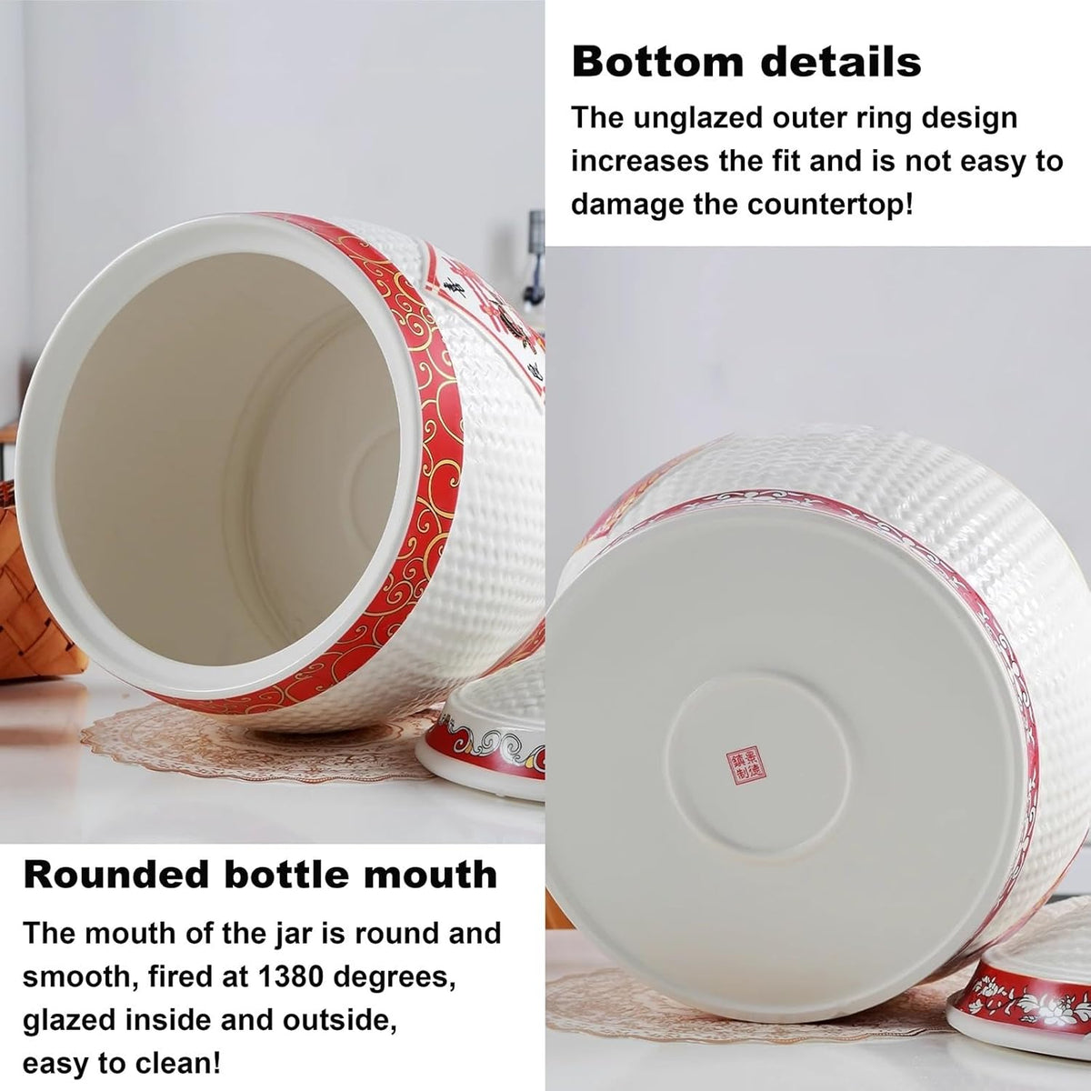 Chinese Sealed Large-Capacity Rice Pot, Ceramic Rice Bucket With Tassel Design, Grain Storage Ceramic Container, Rice Dispenser Airtight Storage Bucket For Grains Snacks Candy Coffee Beans Food(A,Capa