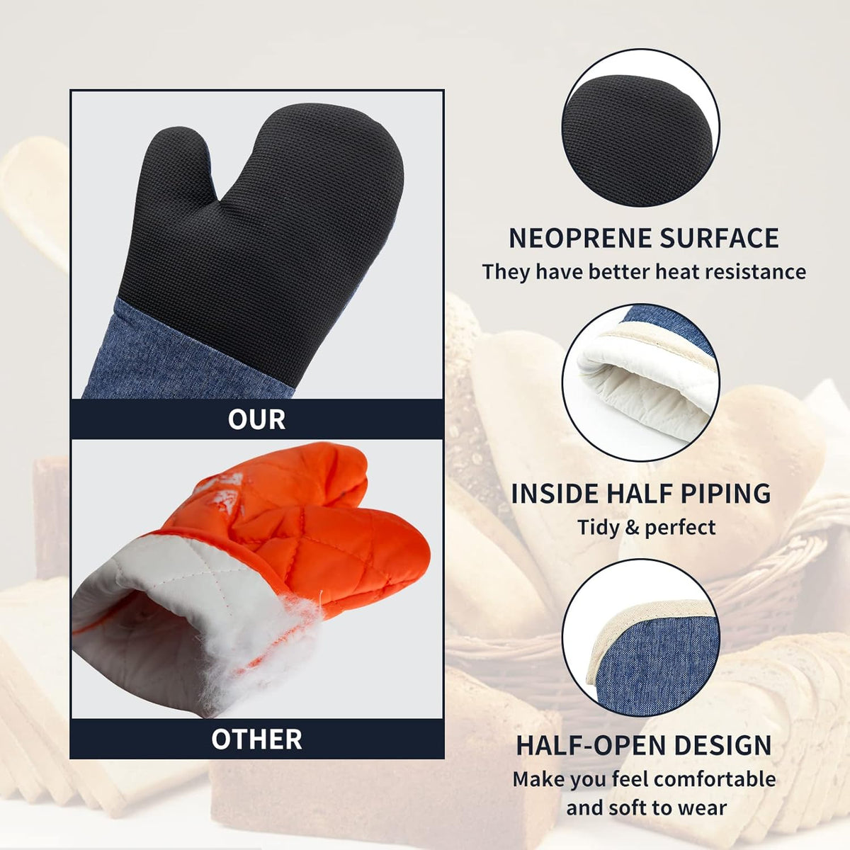 Oven Mitts and PotHolders Sets, 4 Pcs Kitchen Oven Glove High Heat Resistant 400°F Pot Holders for Kitchen, Non-Slip Neoprene Oven Mitts are Suitable for Cooking, Baking (Blue)