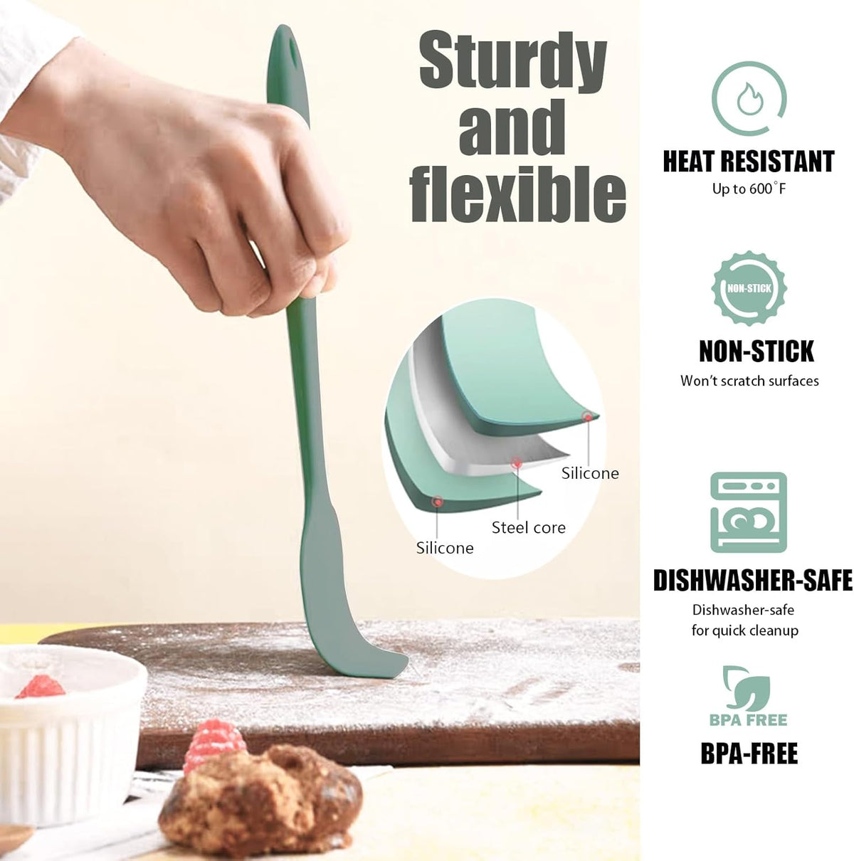 Silicone Spatula, 4-Pack Silicone Set Heat Resistant for Non Stick,Food Grade Cookware with Stainless Steel for Mixing,Cooking,Baking,Flipping,Spreading,Lifting,Serving,BPA Free,Dishwasher Safe(Green)