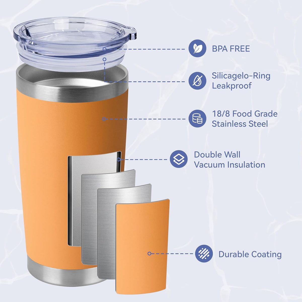 HASLE OUTFITTERS 20oz Stainless Steel Tumblers Bulk, Insulated Travel Cup with Lid, Double Wall Vacuum Coffee Mug for Cold & Hot Drinks 4 Pack, Orange