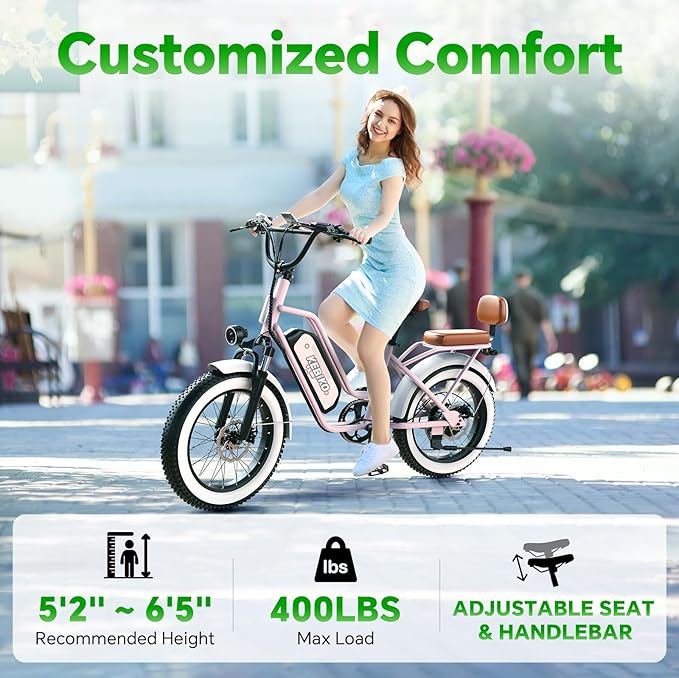 2 Seater Electric Bike, 48V 20AH(𝟗𝟔𝟎𝐖𝐇) Large Removable Battery, 𝟏𝟑𝟎𝟎𝐖 Peak Motor, 20"x 4.0" Fat Tire Ebike for Adults, 80+Miles Max,30+MPH, City Couple E Bike for All Terrain