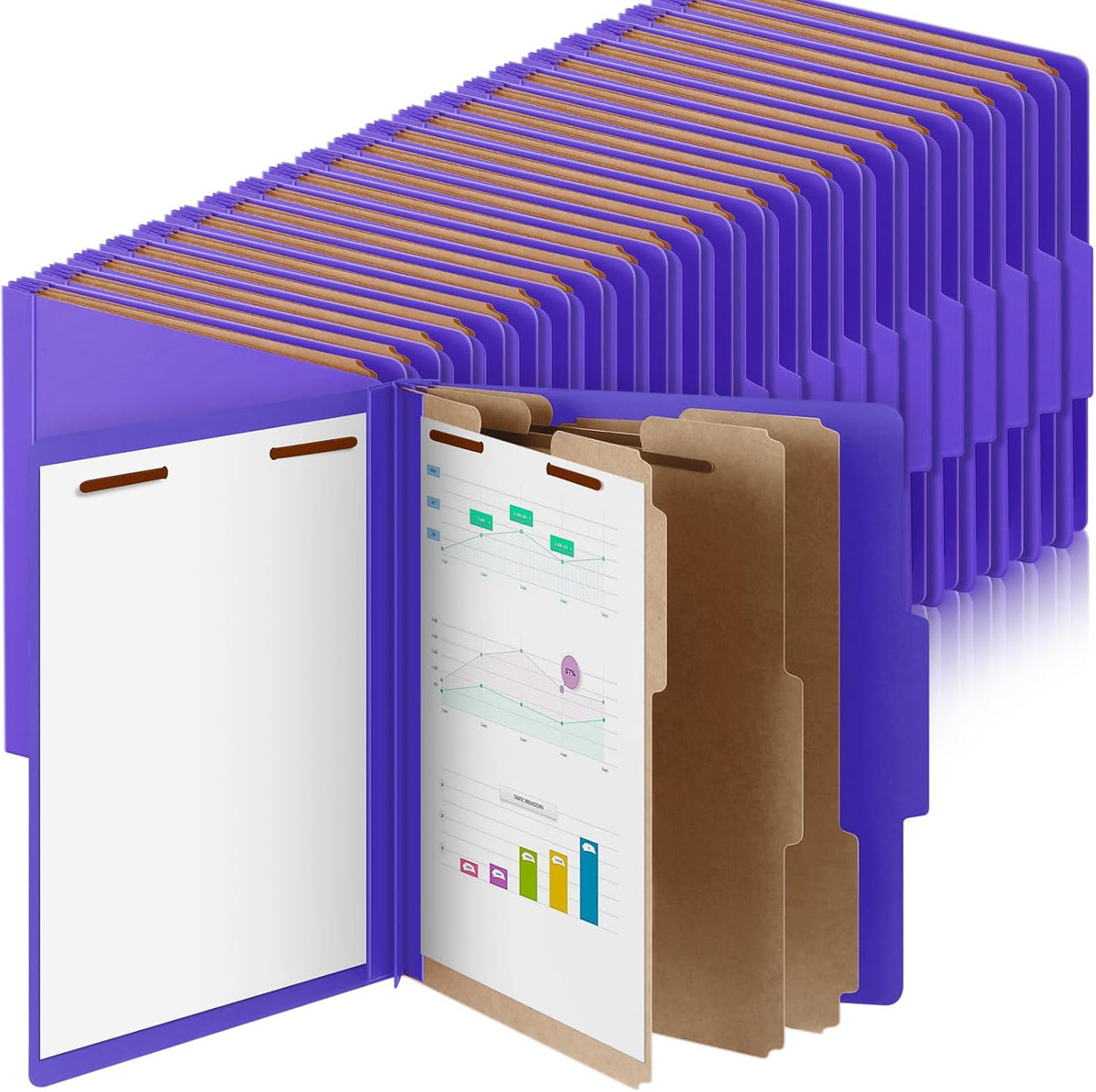 60 Pcs Classification Folders Letter Size, Back to School Supply for Teacher, Student, 3 Dividers Pressboard File Folder Bulk with 2 Fasteners, 3.5 Inch Expanding File Organizer (Purple)