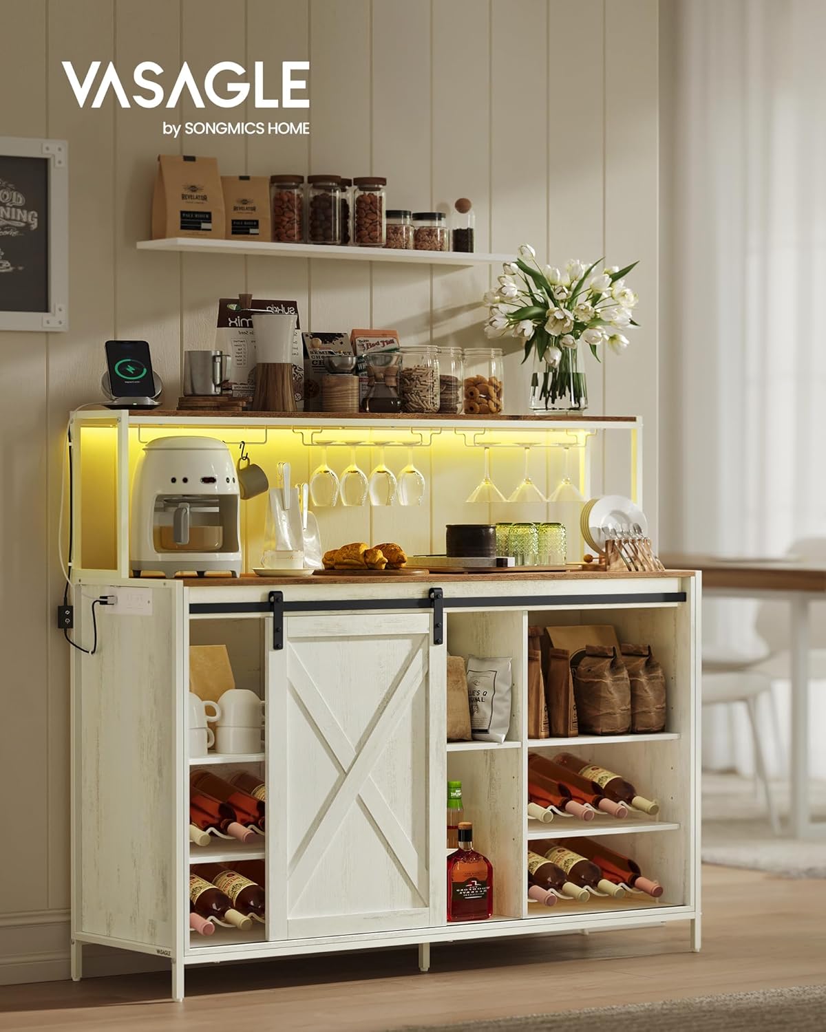 VASAGLE Coffee Bar Cabinet with Power Outlet and Voice Control LED Light, Buffet Cabinet with Sliding Barn Doors, S Hooks, Wine Glass Racks, Bottle Holders, Rustic White and Honey Brown ULSC201W01