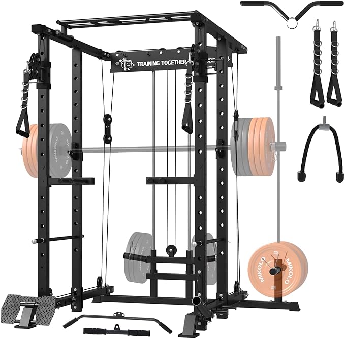 Mikolo Power Cage, 1500lbs Power Rack with LAT PullDown and Cable Crossover System, Squat Rack with Pulley System, Weight Cage for Home Gym with Training Attachments