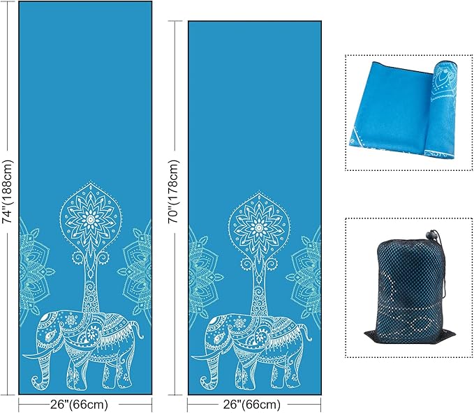 QiyI Yoga Mat Towel with Corner Pockets, Non Slip Sweat Absorbent Hot Yoga Towels, Soft Yoga Blankets with Travel Bag, Skidless Mat Cover for Workout, Gym, Fitness - 70"x26", Blue Mandala Elephant