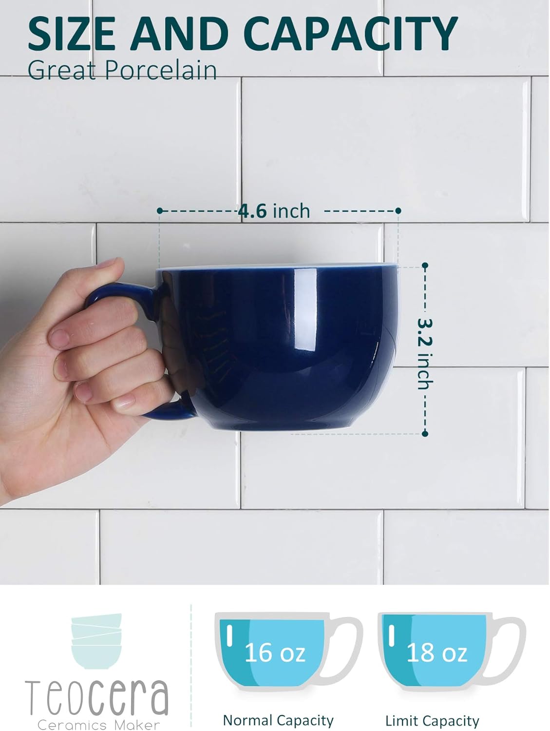 Teocera 16oz Large Coffee Mugs Set of 4 - Thick White Porcelain Cups for Cappuccino, Latte, Tea & Hot Chocolate - Dishwasher Safe Ceramic with Comfort Grip Handles（Navy