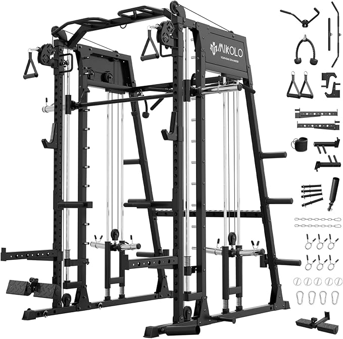 Mikolo Smith Machine, 2200lbs Squat Rack with LAT-Pull Down System & Cable Crossover Machine, Training Equipment with Leg Hold-Down Attachment