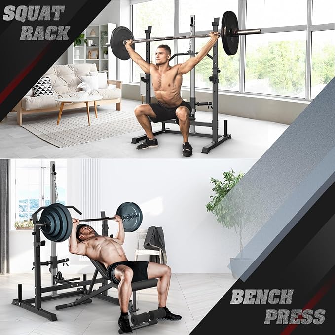 Power Rack with LAT Pulldown Pulley System Adjustable Multi-Functional Squat Rack, Power Cage with J-Hooks Home Gym