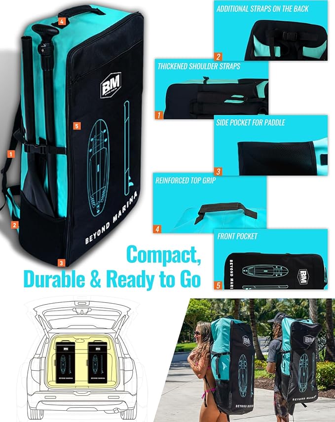 BM Paddle Board Inflatable Stand Up Paddle Board, SUP Paddleboard for Adult, Premium Accessories | Non-Slip EVA Deck & Foam Handles, Camera Mount, Double Action Pump, 85L Travel Backpack