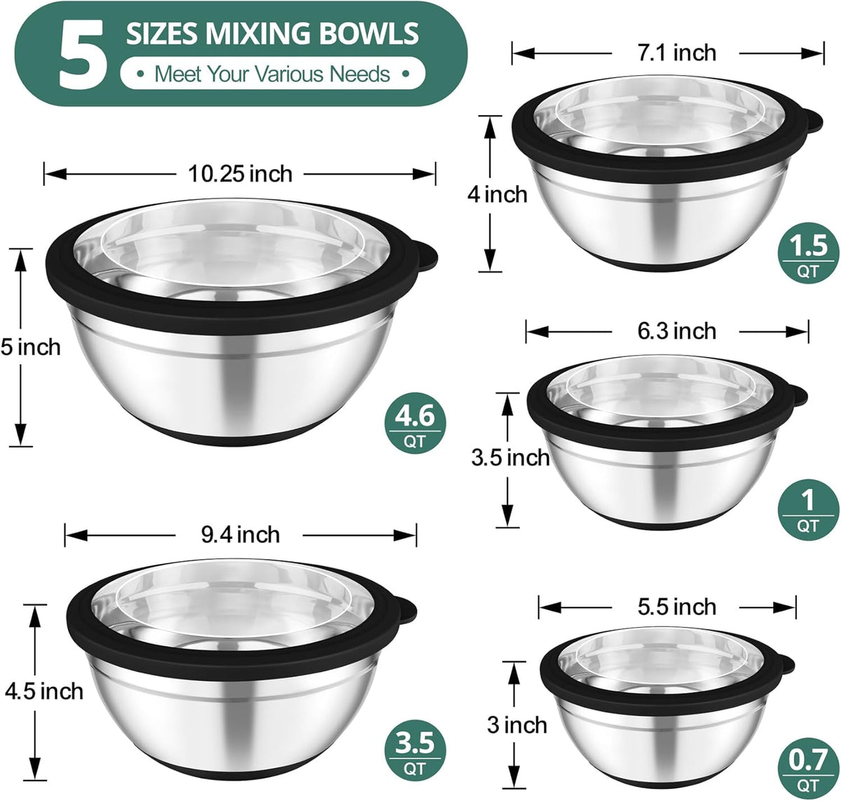 TeamFar Mixing Bowls, 5PCS Stainless Steel Serving Salad Bowls with Lids, For Kitchen Mixing/Baking/Storing/Prepping, Visible & Airtight, Non-Slip Bottom - 4.6/3.5/1.5/1 / 0.7 QT, Black