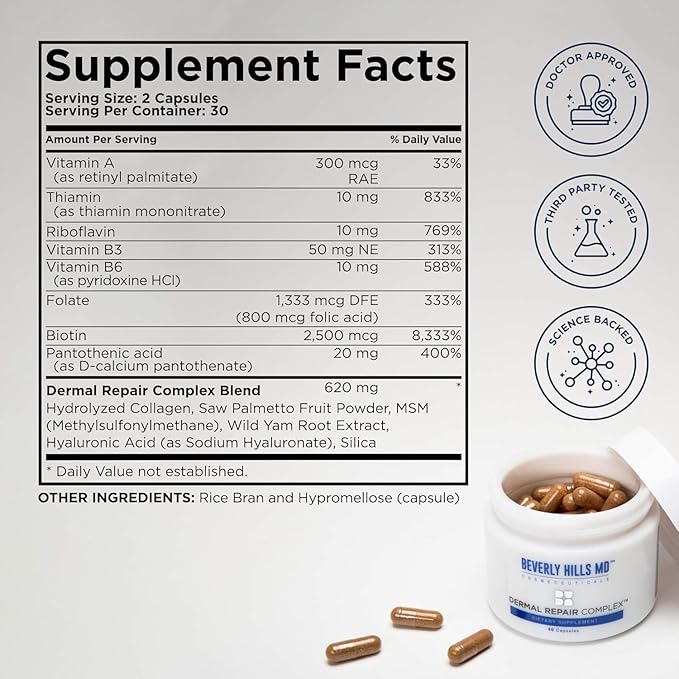 Beverly Hills MD Dermal Repair Anti-Aging Supplement - Hyaluronic Acid, Collagen, Vitamins for Smooth, Plump Skin (3)