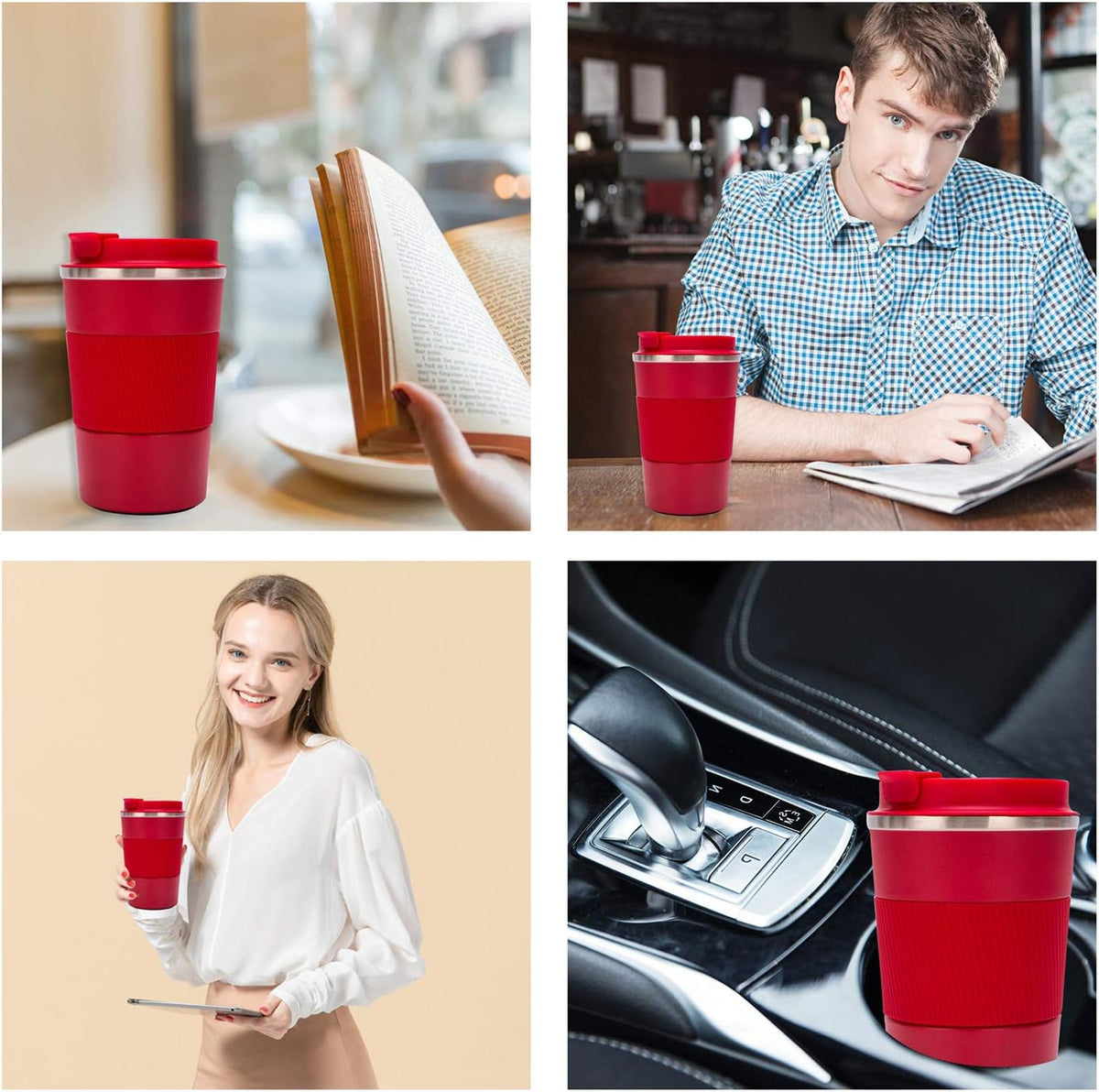 12oz Travel Coffee Mug Spill Proof, Insulated Coffee Mug with Lid, Leakproof Coffee Tumbler,Stainless Steel Vacuum Coffee Cup for Hot/Cold Drinks, Reusable Coffee Cup for Men Women -380ml,Red