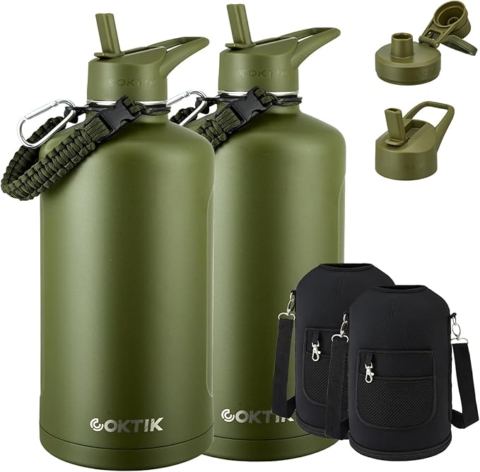 2 Pack 128 oz Insulated Water Bottle, Triple Wall Stainless Steel Flask, Keeps Drinks Cold for 48 Hrs Leak-Proof & BPA-Free Half Gallon Jug with Paracord Handle, Straw & Spout Lids(2 pack, Army Green)