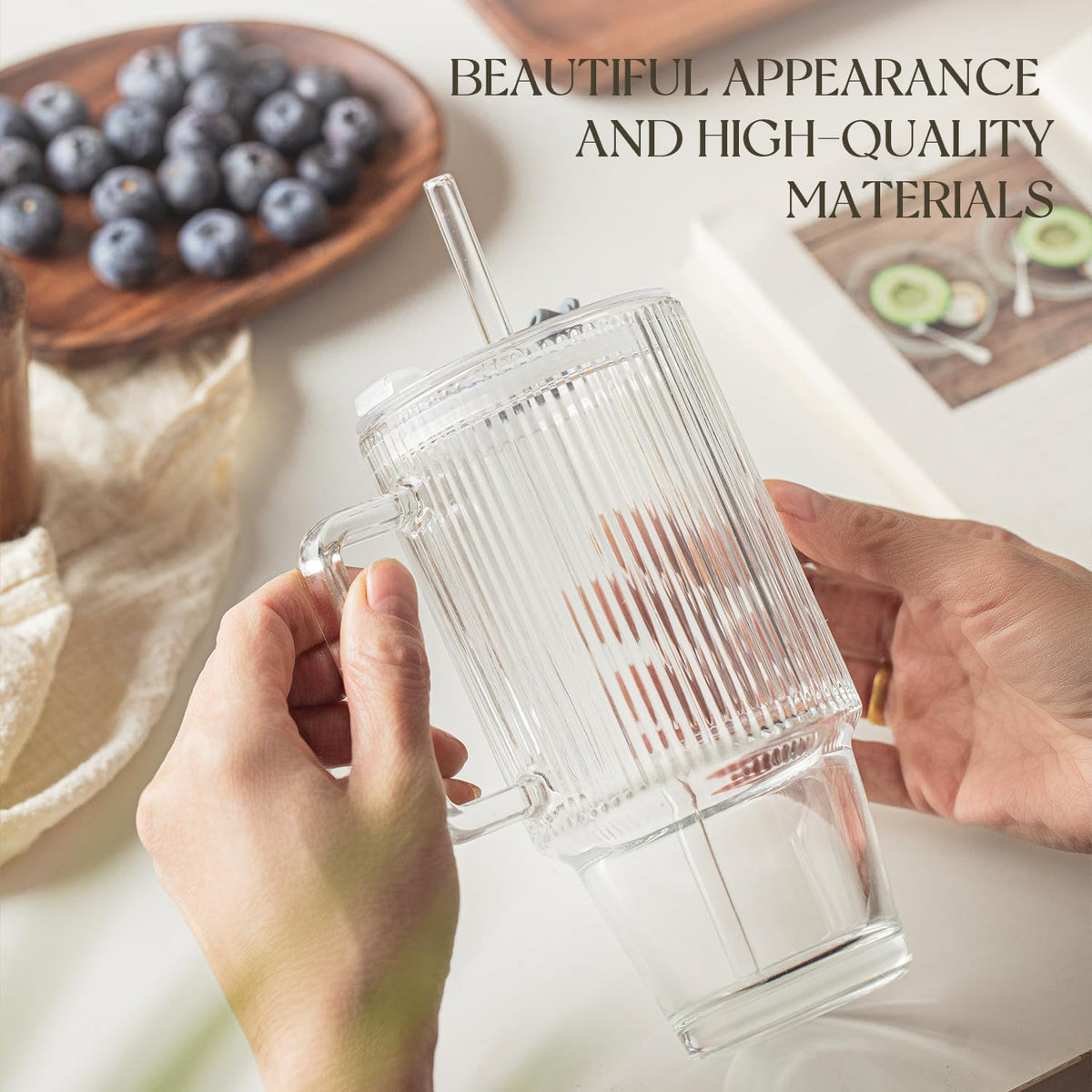 KEMORELA 2-Pack 24 Oz Ribbed Glass Tumblers with Lids and Straws, Handle Iced Coffee Cups, Clear Reusable Drinkware for Smoothies, Cold Beverages - Dishwasher Safe