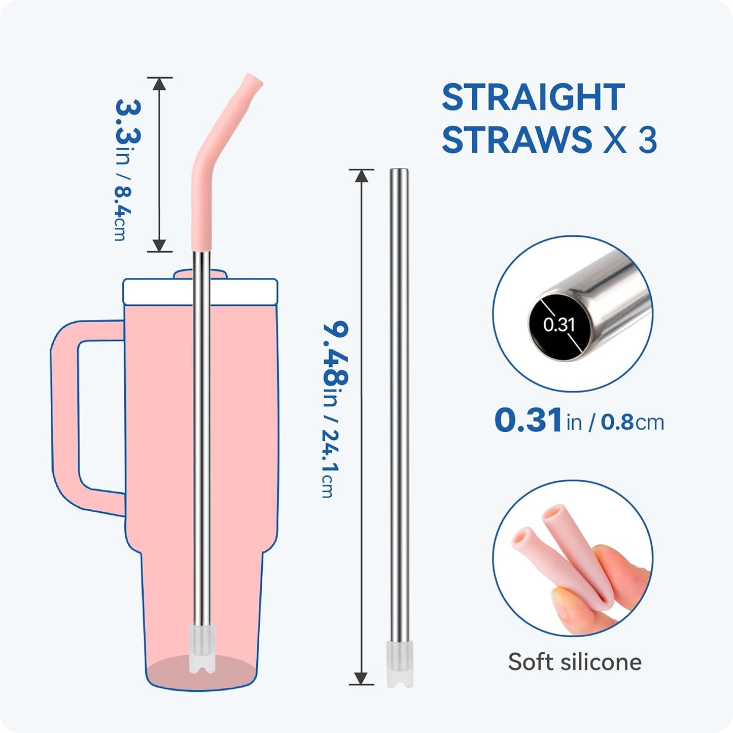 Reusable Metal Straws with Silicone Tip for Stanley 30oz,Stainless Steel Drinking Straws for 30oz Tumbler,3 Straight Tubes & 6 Tips& 1 Cleanr Brush (Cream)