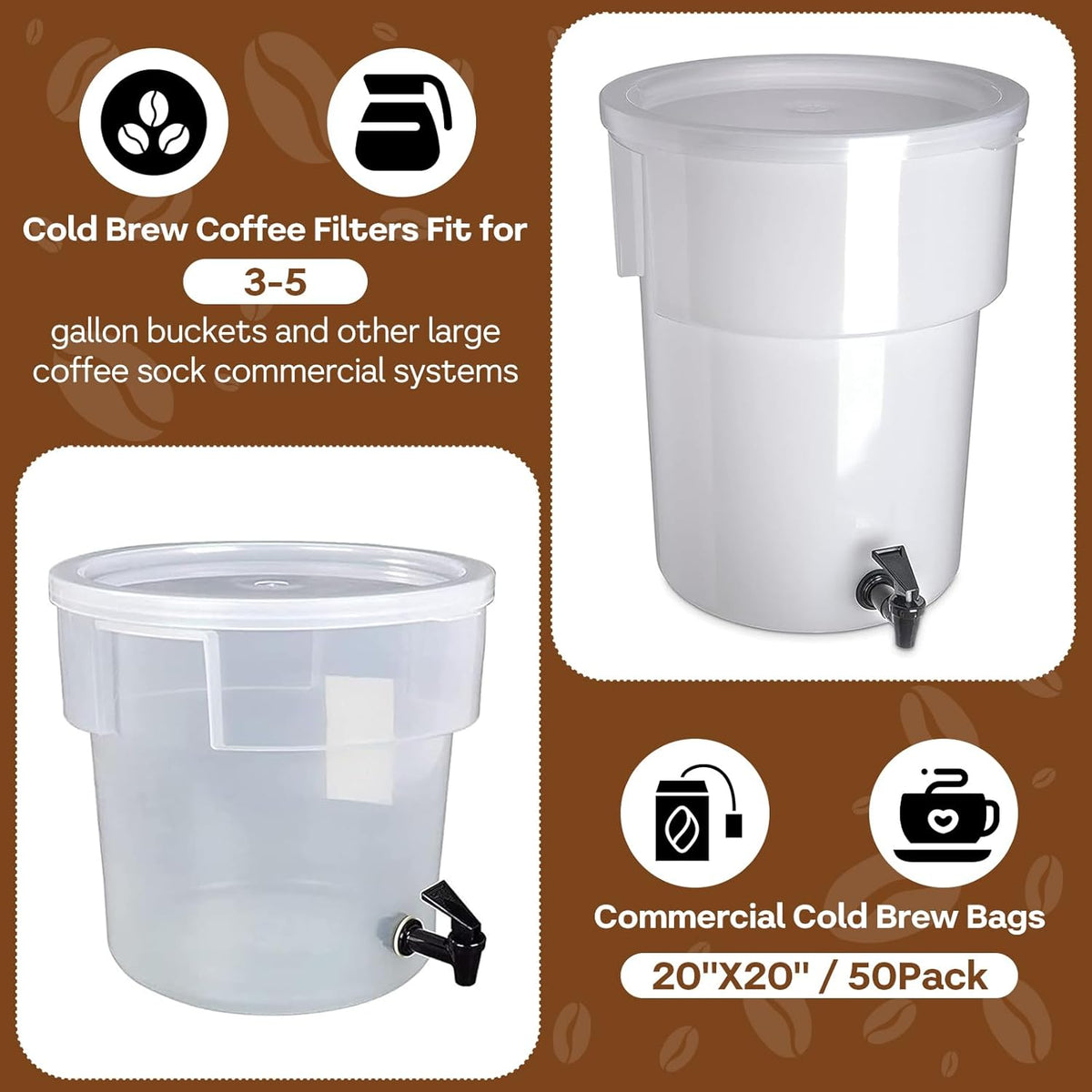 50Pcs Commercial Cold Brew Coffee Filters for 5 Gallon Buckets, 20" X 20" Disposable Coffee Filters with Drawstring for Brew Up To 5 LBS Coffee