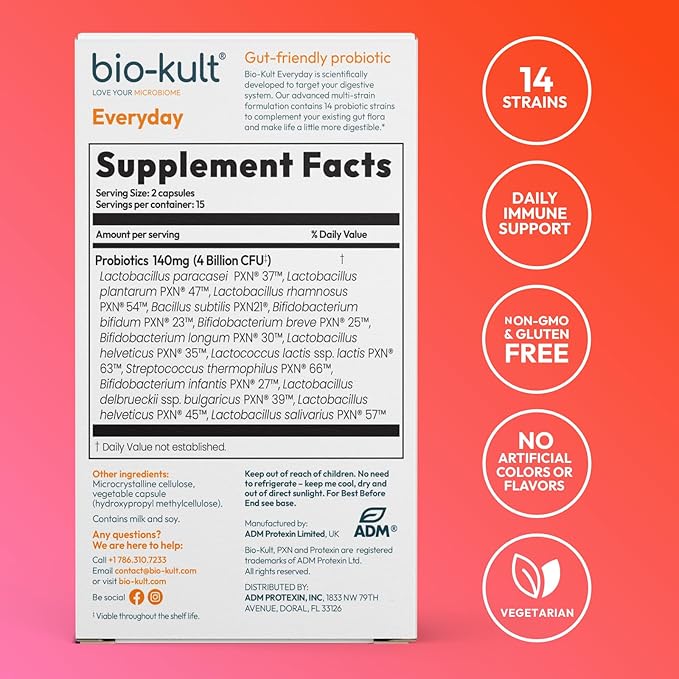 Bio-Kult Gut Health Probiotic Supplement, 14 Strains, Probiotics for Women & Men, Immune Support, Digestive Health, Shelf-Stable, Non-GMO and Gluten-Free, Capsules, 30 Count (Pack of 1)