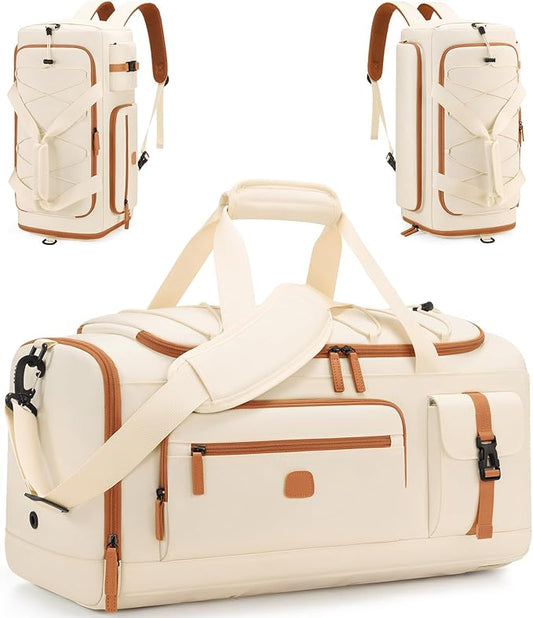 Gym Bag for Men and Women with Shoe & Laptop Compartment, 3-in-1 Sports Travel Duffel Bag Anti-Theft Weekender Carry-On Backpack for Airplane & Workout, Overnight Travel Bag,35L (Beige, Medium)