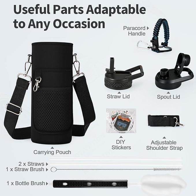 40 oz Insulated Water Bottle with Straw (Cold for 48 Hrs), Stainless Steel Triple Wall Vacuum Sports Water Jug, Leakproof Hydro Cup Flask with Paracord Handle & Straw Spout Lids & DIY Stickers