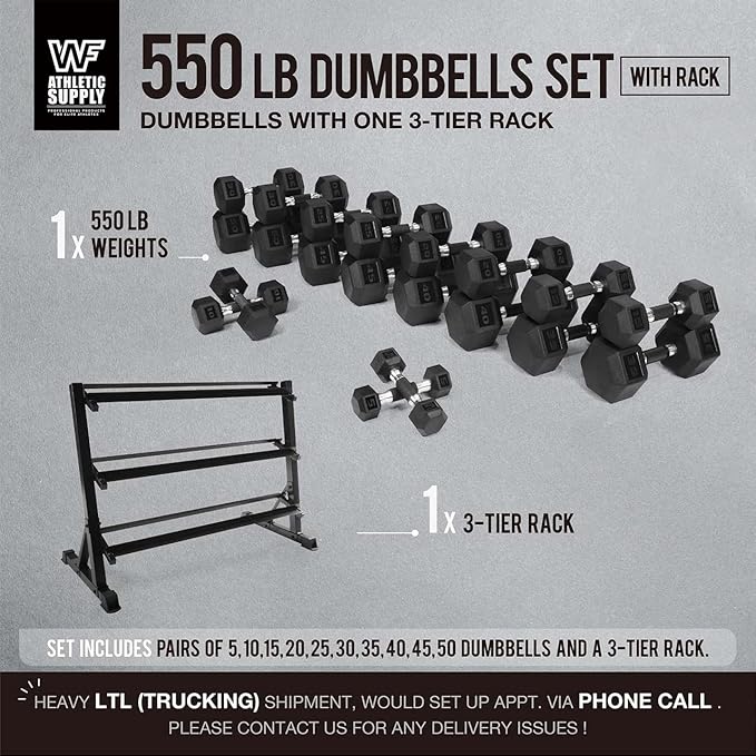 WF Athletic Supply Rubber Encased Hex Dumbbells with Rubber Grip Contoured Handle for Muscle Toning, Strength Building & Full Body Workout