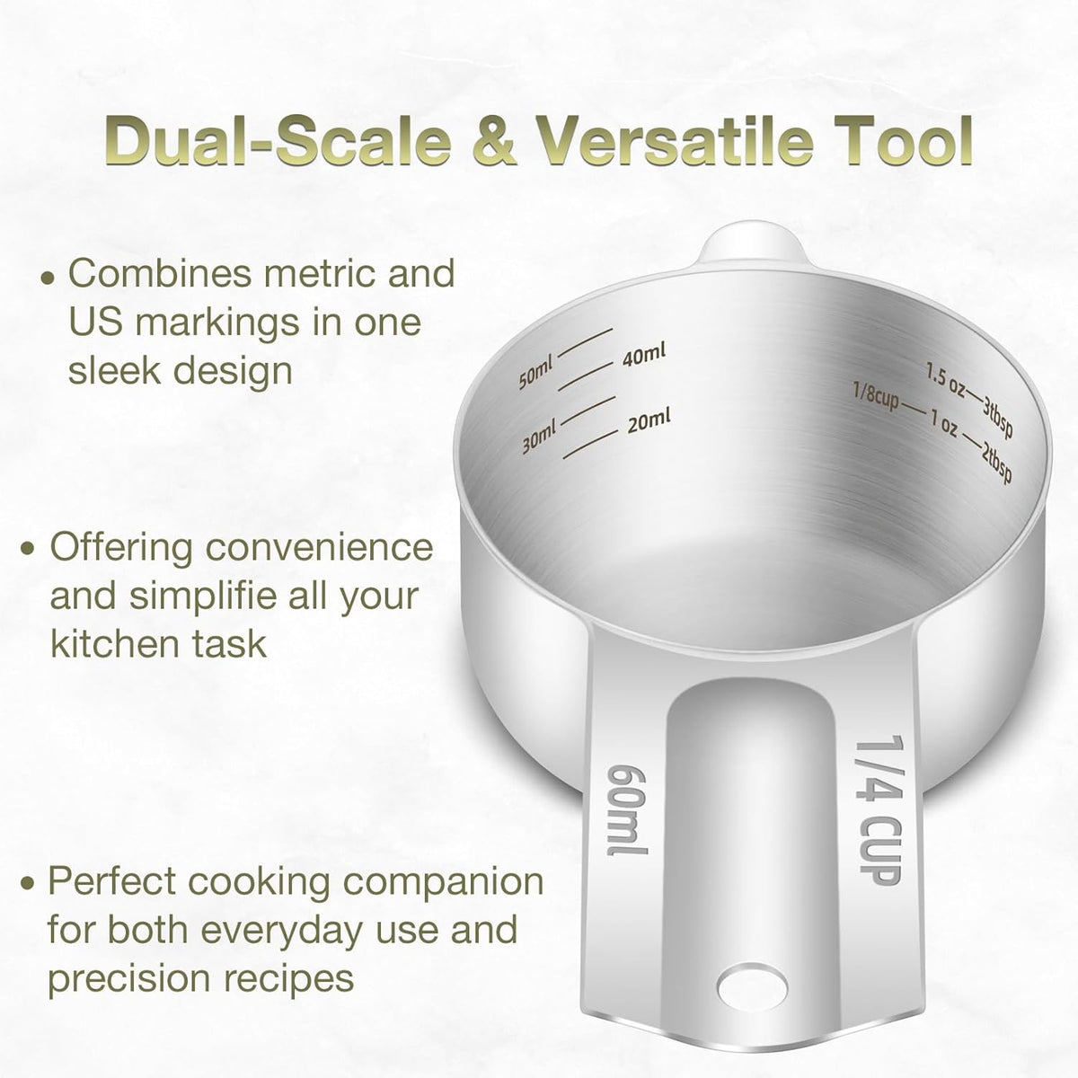 1PCS 1/4Cup (60ml, 2oz) Single Measuring Cup, Etched Inner Scale Stainless Steel Measure Scoop, Metric and US Measurement, Dishwasher Safe