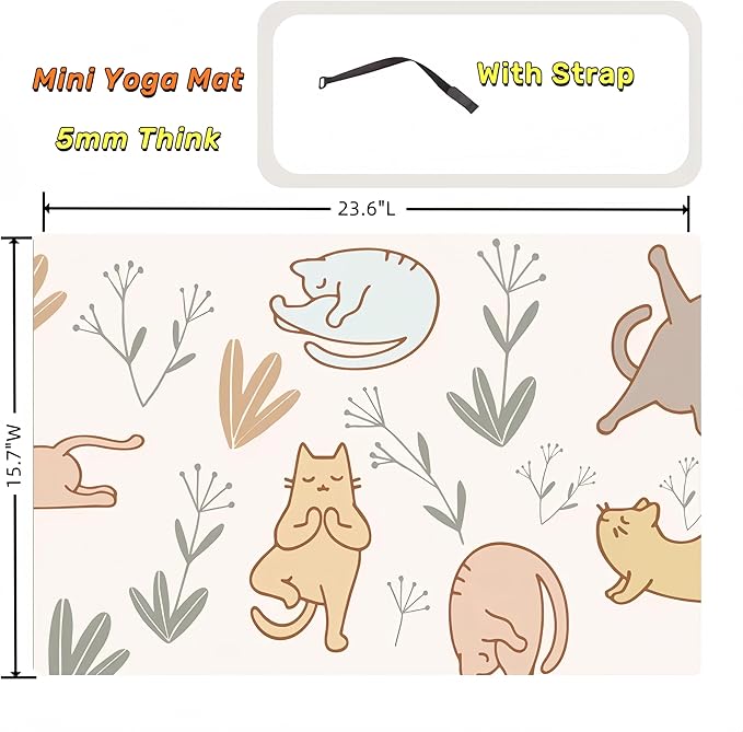 Mini Yoga Mat with Playful Cat Design, Yoga Knee Pads,Double-Sided Non-Slip, Meditation,Exercise Mat for Women&family use,White