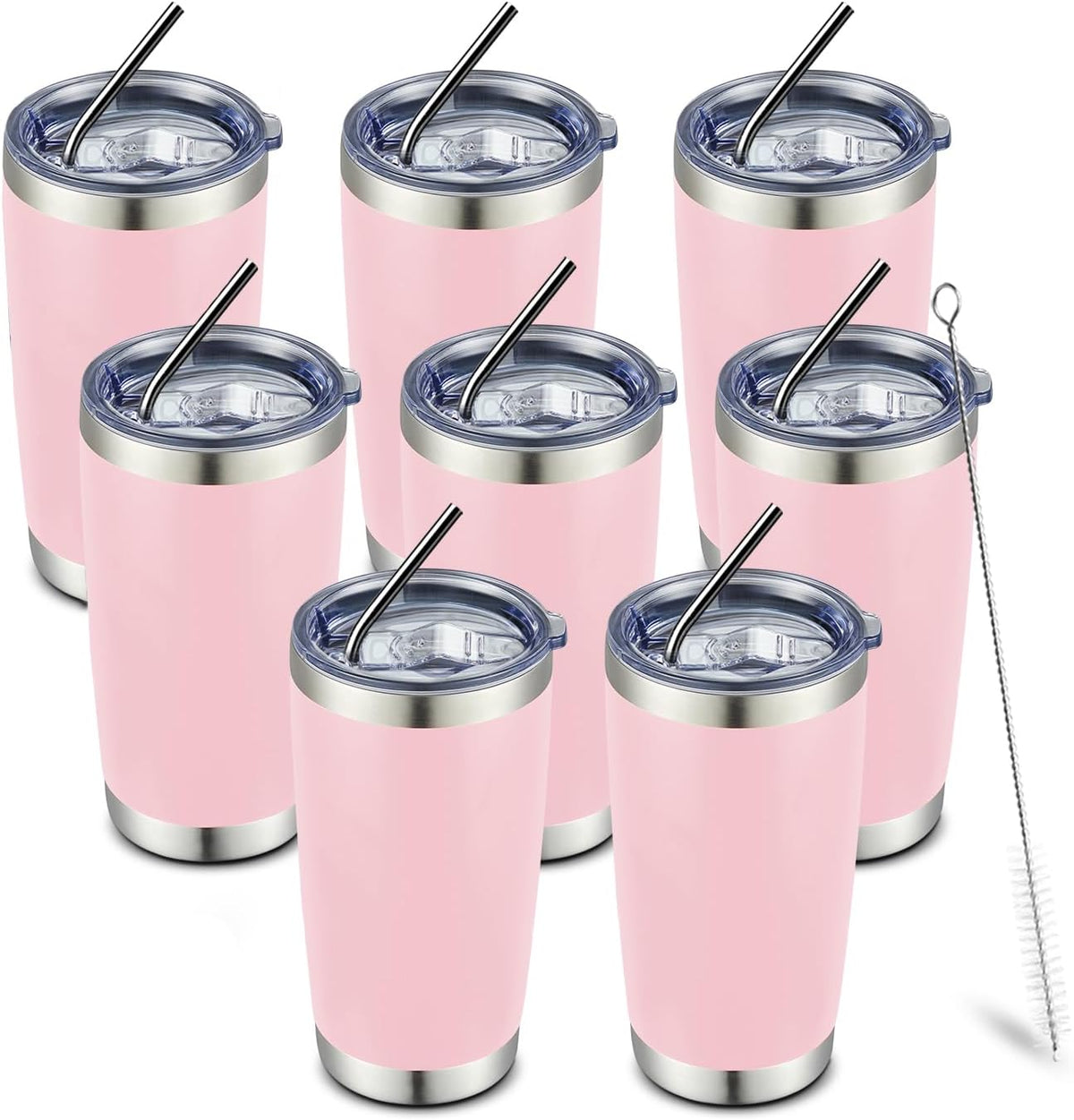 COMOOO 20oz 8 Pack Tumbler Double Wall Vacuum Insulated Coffee Travel Mug Stainless Steel Tumbler Bulk with Lid and Straw Insulated Coffee Cup for Cold & Hot Drinks (Pink, 8 Pack)