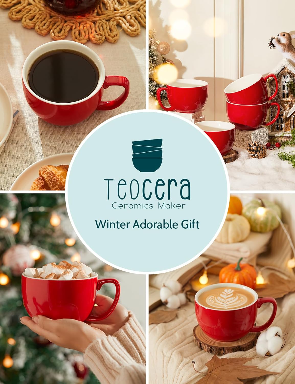 Teocera 16oz Large Coffee Mugs Set of 4 - Thick White Porcelain Cups for Cappuccino, Latte, Tea & Hot Chocolate - Dishwasher Safe Ceramic with Comfort Grip Handles (Red)