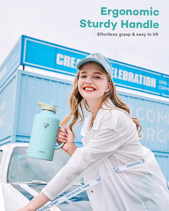 Half Gallon Water Bottle with Handle and Carry Pouch,64 oz Stainless Steel Insulated Jug Flask with Straw Lid Spout Lid,Reusable Metal Water Bottle Mug Tumbler Cup,Keep Cold & Hot,Green