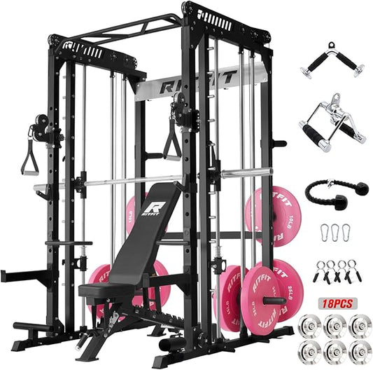 RitFit M1 & M1 Pro Smith Machine with Cable Crossover System, Multi-Function Squat Rack Power Cage for Home Gym, Power Rack and Packages