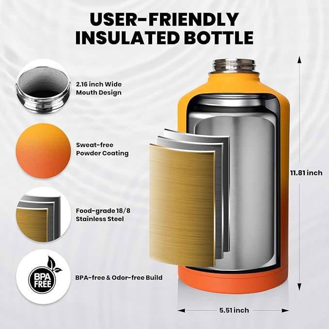 One Gallon Water Bottle Insulated, Triple Walled Vacuum Stainless Steel (Cold for 48 Hrs), Leak Proof & Non-BPA, Large Water Flask Jug with Paracord Handle & Straw Spout Lids