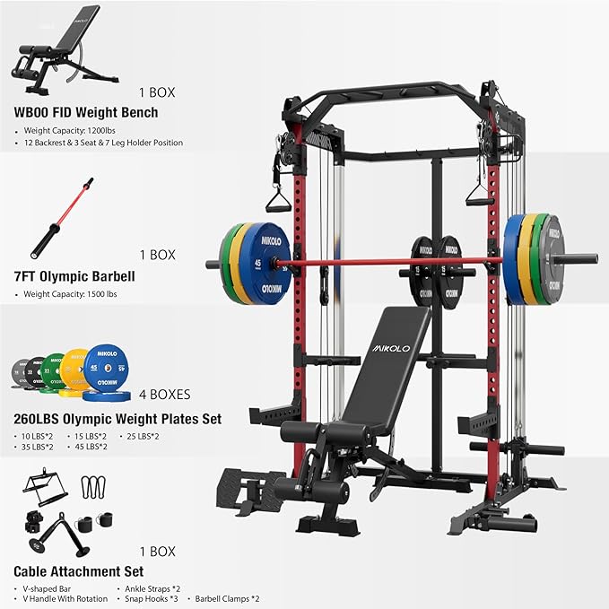 Mikolo Power Cage, 2000LB Power Rack with Independent Dual Pulley System, Multi-Function Home Gym Workout Machine for Cable Crossover