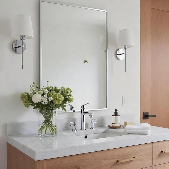 24x36 Inch Nickel Bathroom Mirror for Wall, Aluminum Frame Rectangle Rectangular Vanity Mirror, Modern Large for Bedroom, Living Room, Horizontal or Vertical